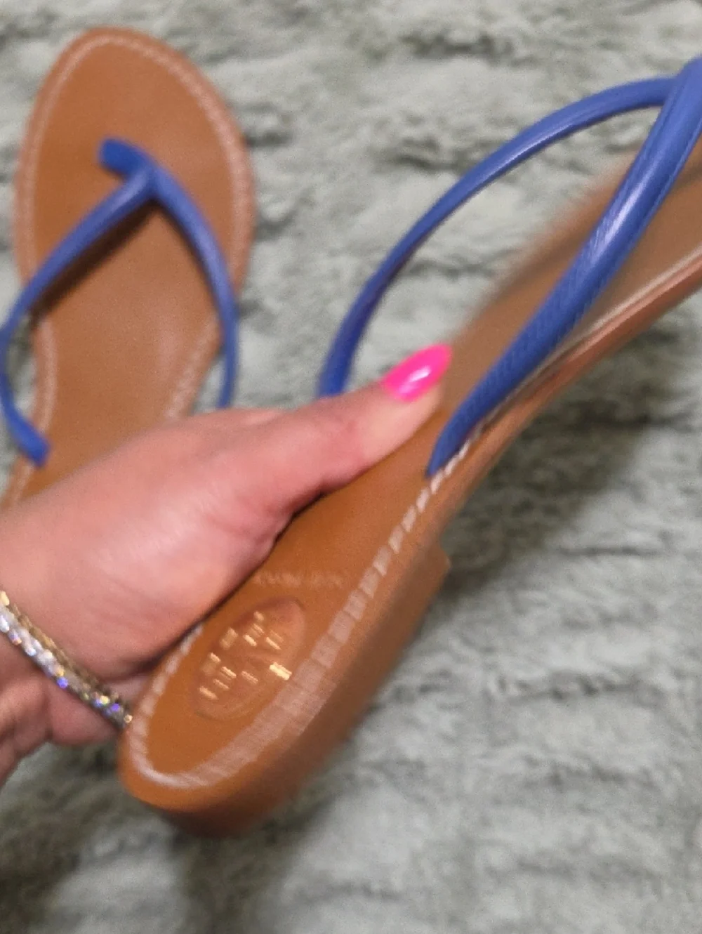 Tory Burch Blue Strap Tan Leather Flip Sandals - Picture 7 of 7